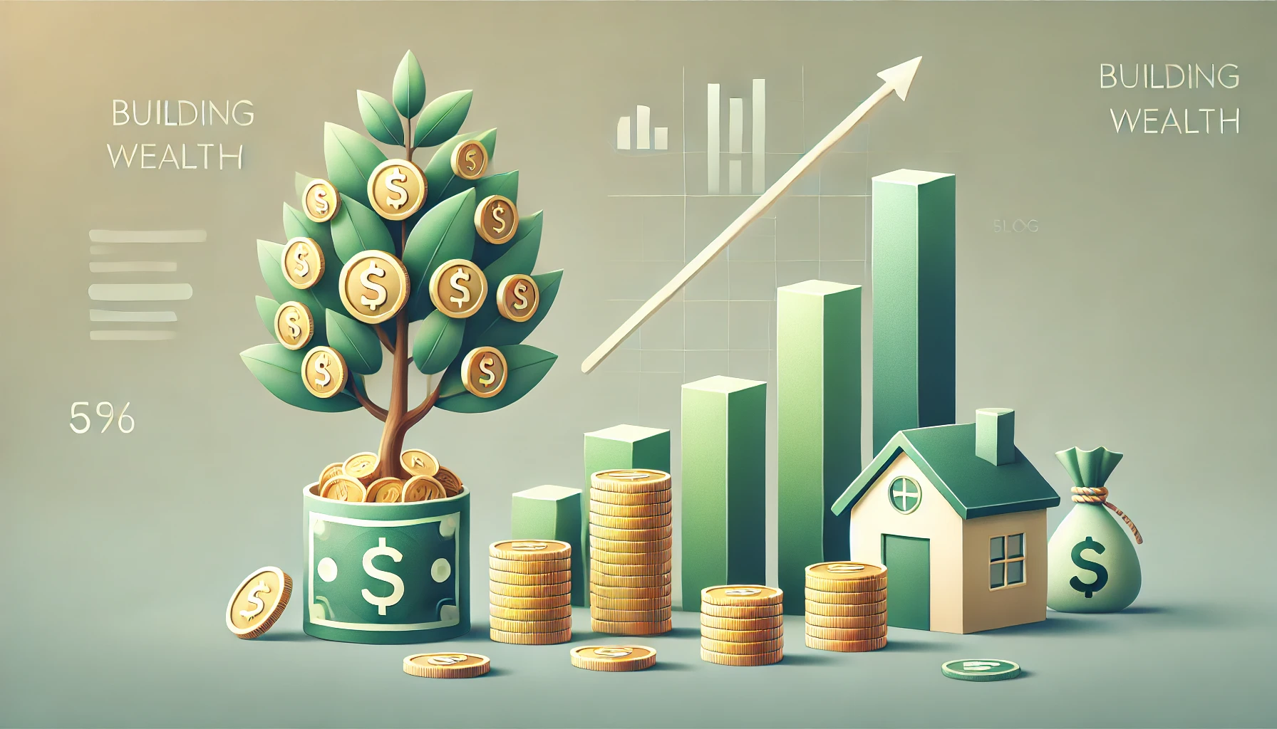 Wealth building category showing images of house, coins and money growing on tree