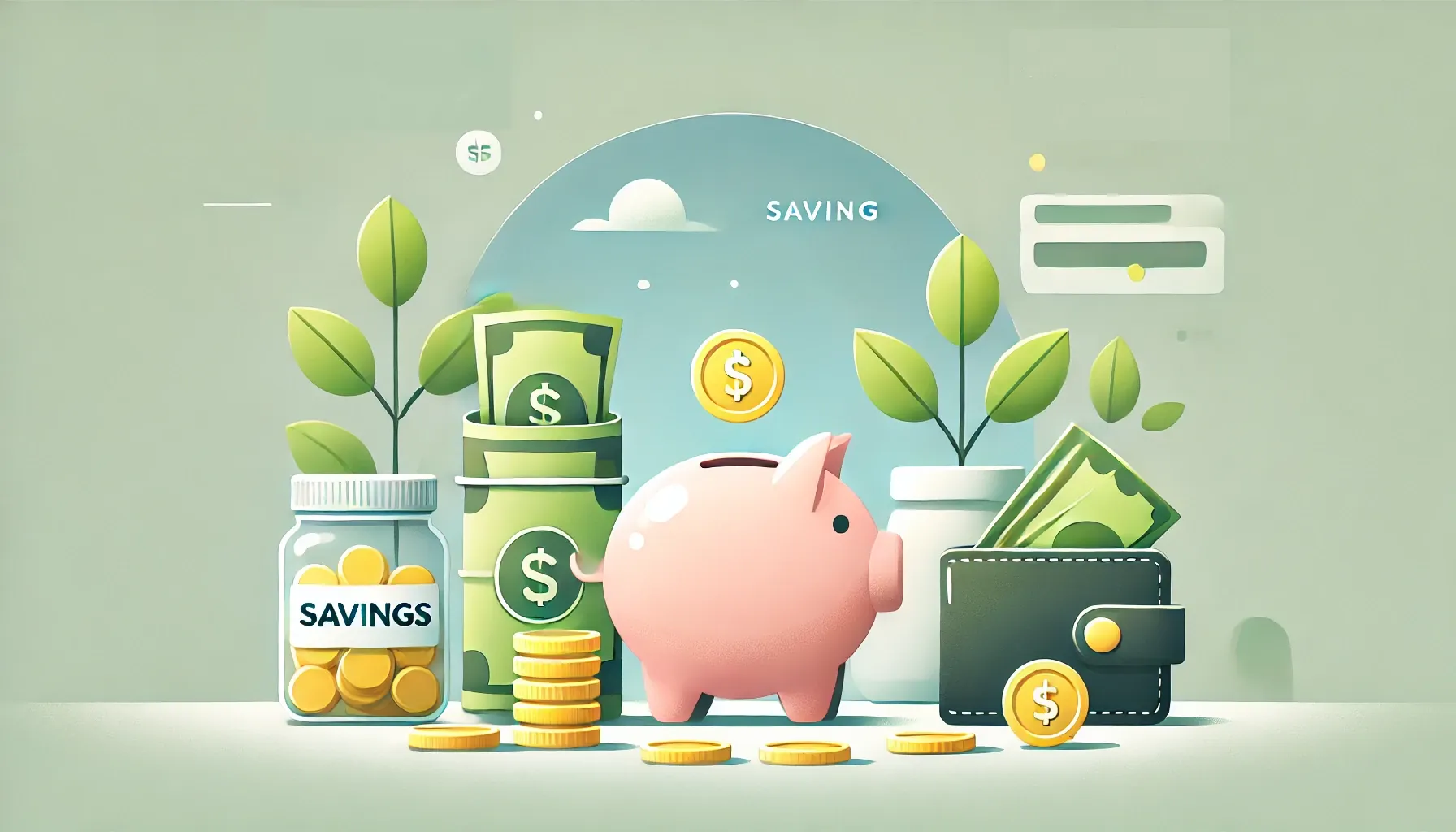 Saving category showing images of savings jar, piggy bank, wallet and money