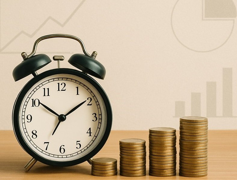 A growing stack of coins beside a ticking clock—because time and money work best together.
