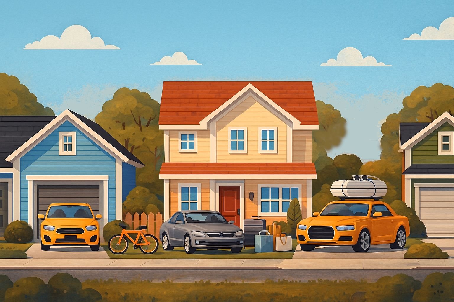 Picture of houses in street with cars.
